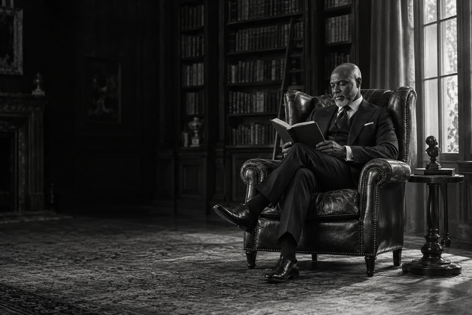 A gentleman reads by a library window in a leather armchair. AI-generated illustrative photograph.